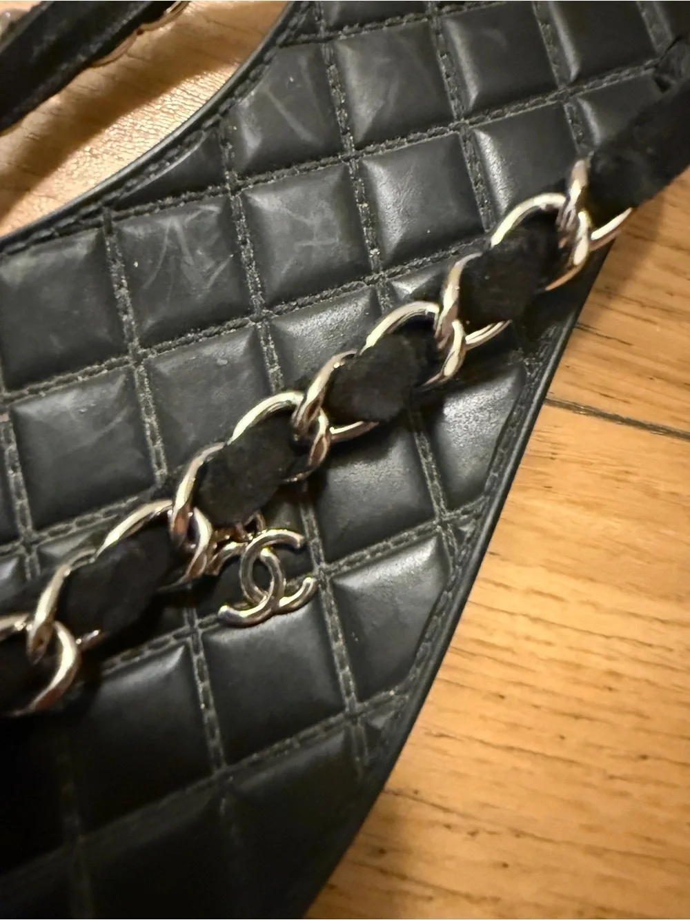 CHANEL Black Quilted Chain-Trim Flip Flop Sandals - Women